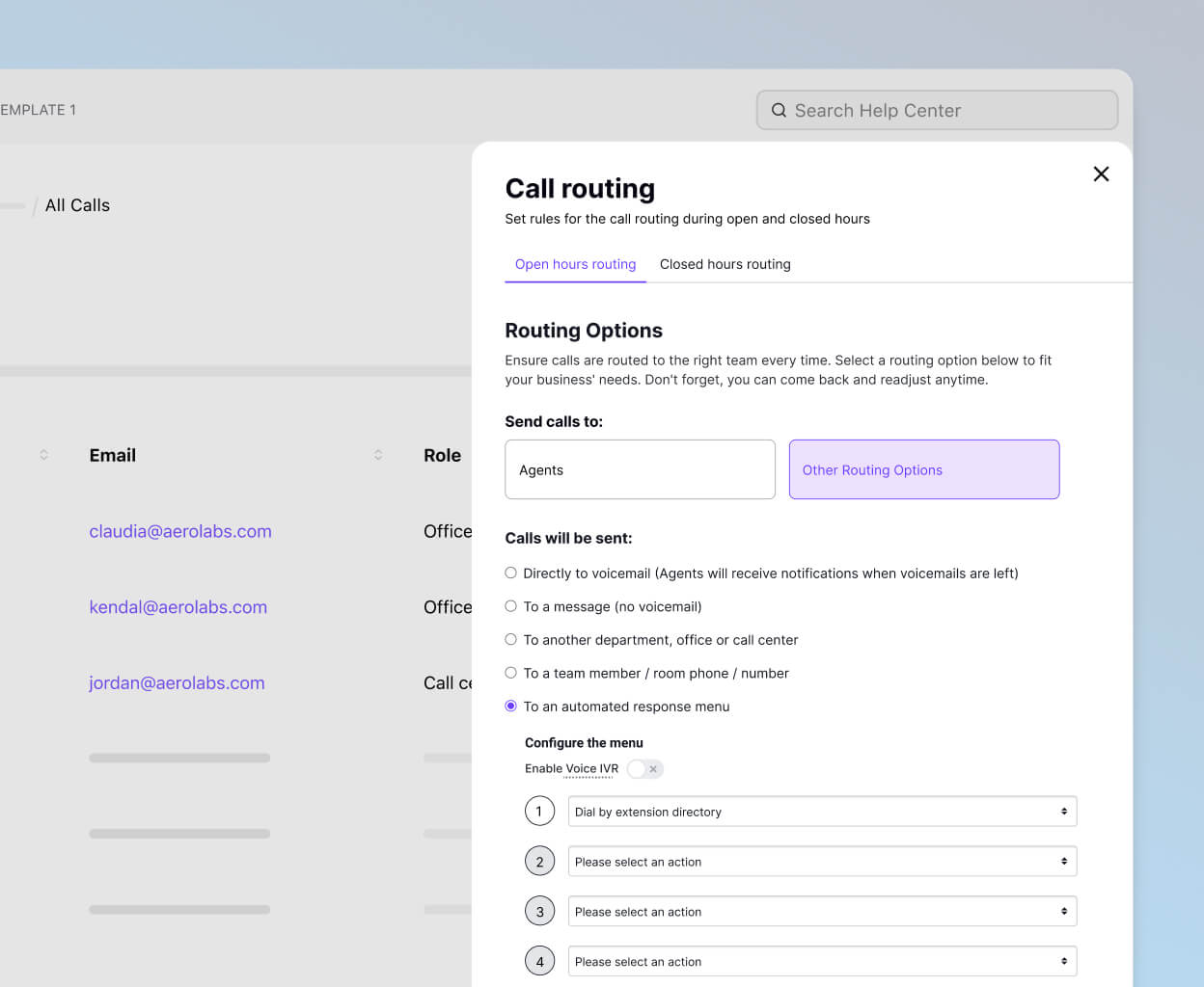 Screenshot of Dialpads call routing options