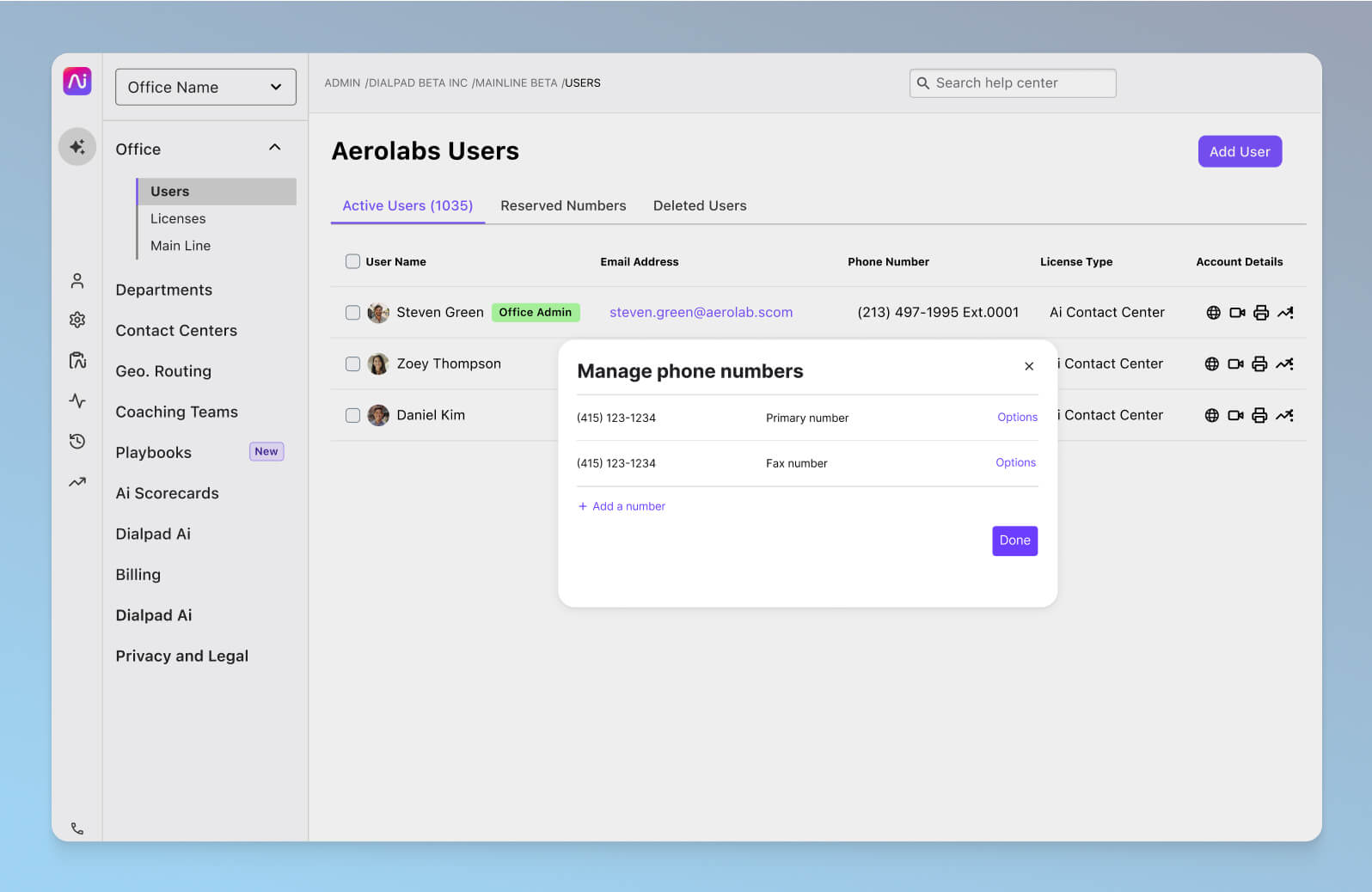 Screenshot of managing user accounts on Dialpad