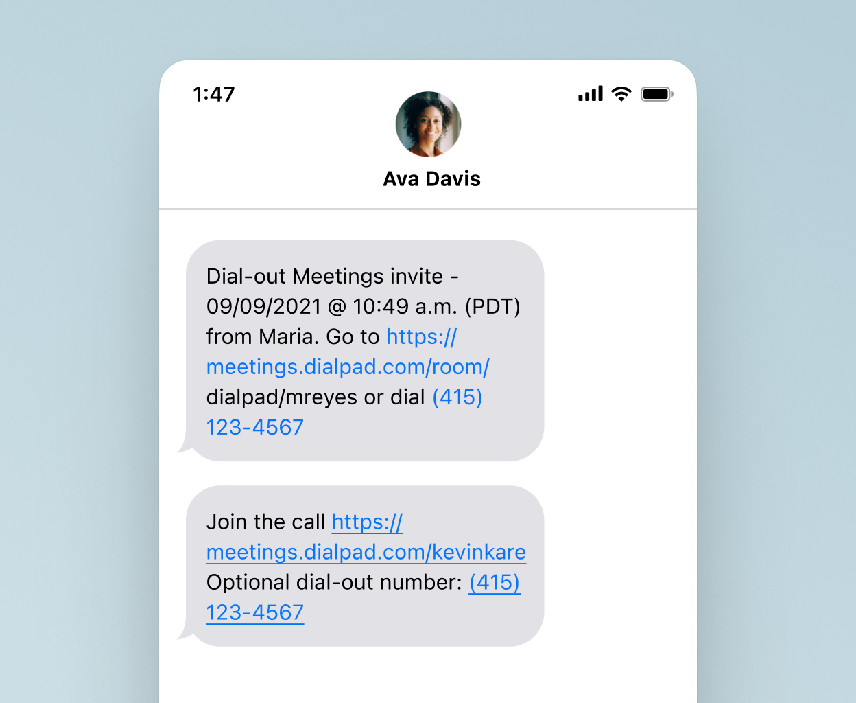 Sending a screen share invite via SMS text message using Dialpad.