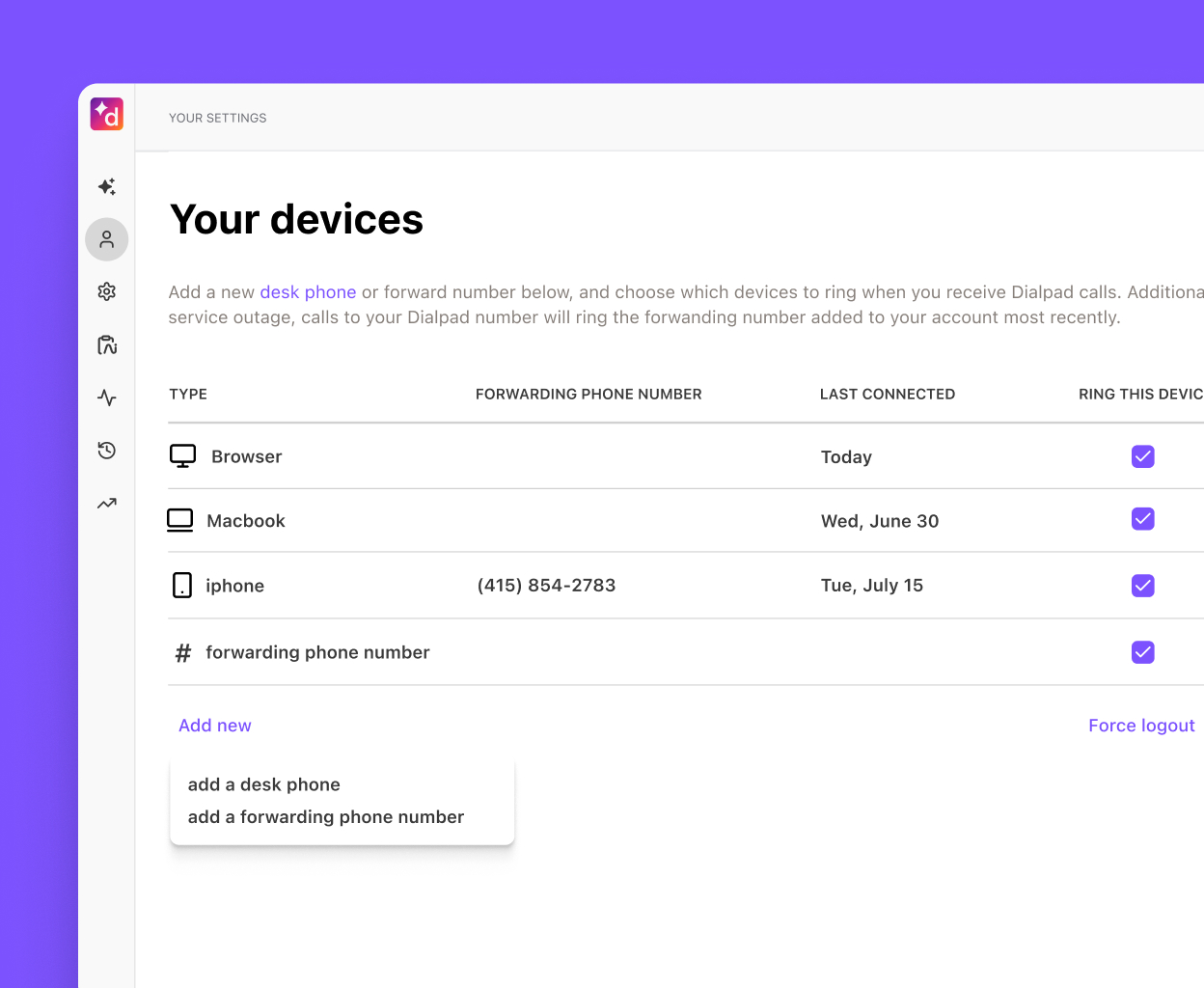 Adding a call forwarding number from Dialpad’s online dashboard.