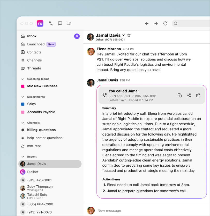 Screenshot of Dialpad Ai Recaps generating a summary and action items after a phone call ends