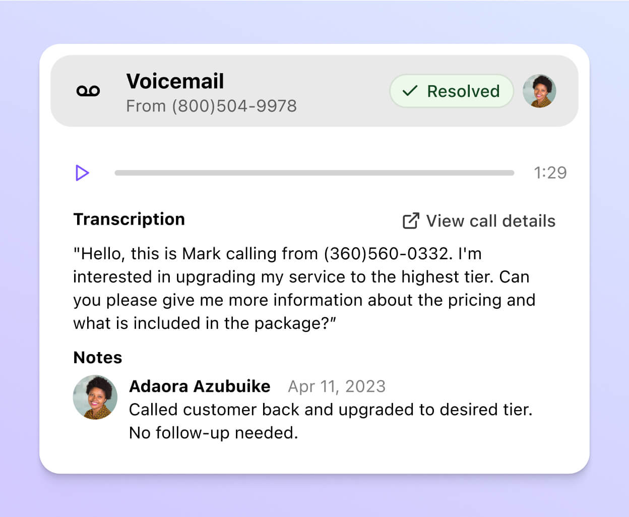 Screenshot of a voicemail transcription on the Dialpad mobile app, showing the message text
