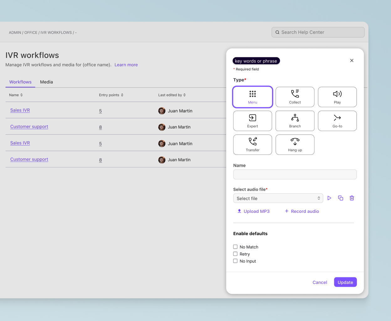 Screenshot of setting up an IVR flow in Dialpads online dashboard