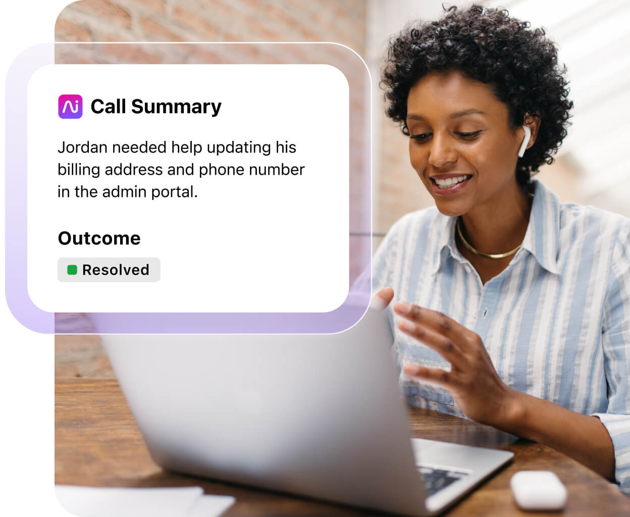 Screenshot of AI-curated call summary and outcome