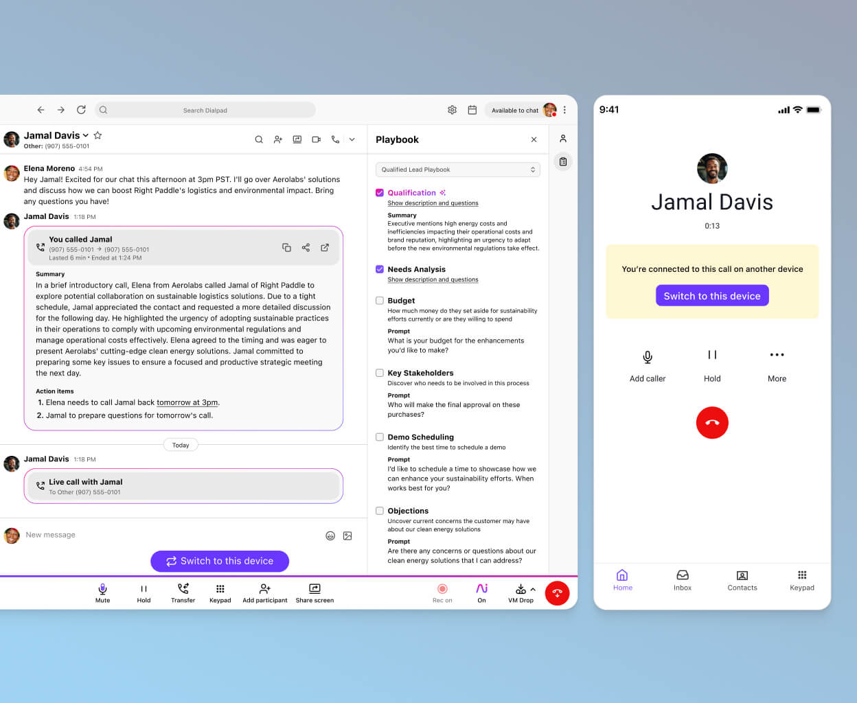 Screenshot of Dialpads call flip feature seamlessly flipping a call between a desktop and mobile app
