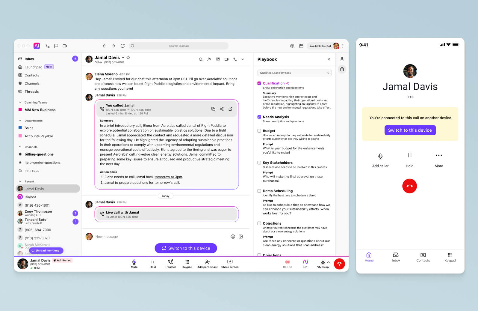 Screenshot of Dialpads call flip feature seamlessly flipping a call between a desktop and mobile app