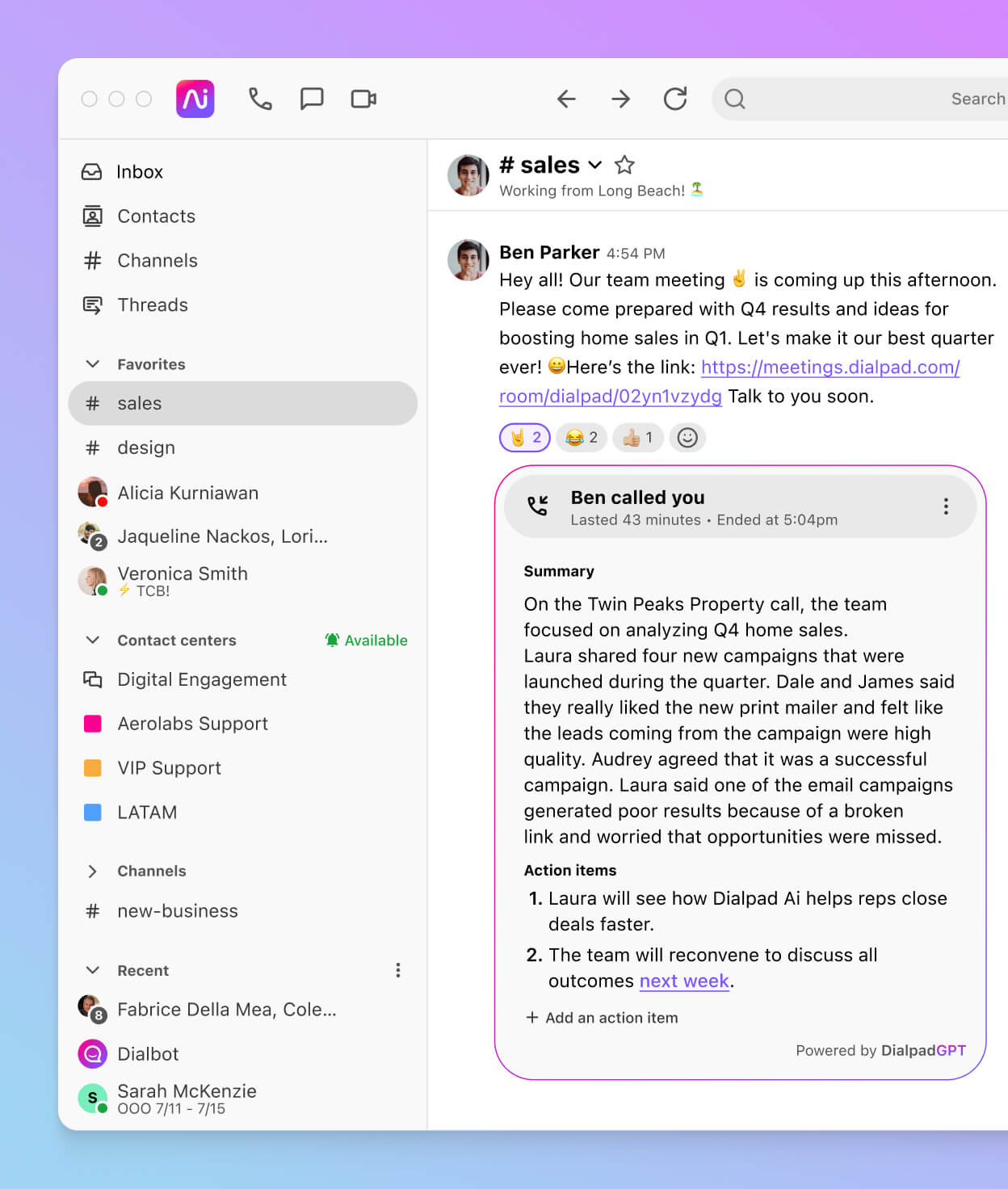 Screenshot of Dialpad Ai Recaps generating a summary and action items after a phone call ends