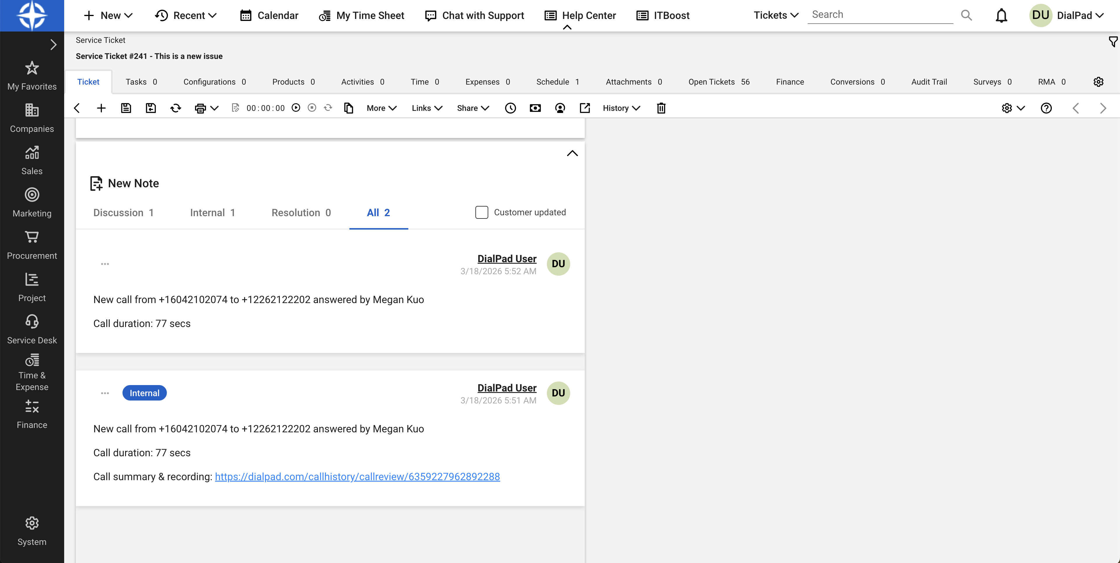 Call Log Example - Internal & Discussion