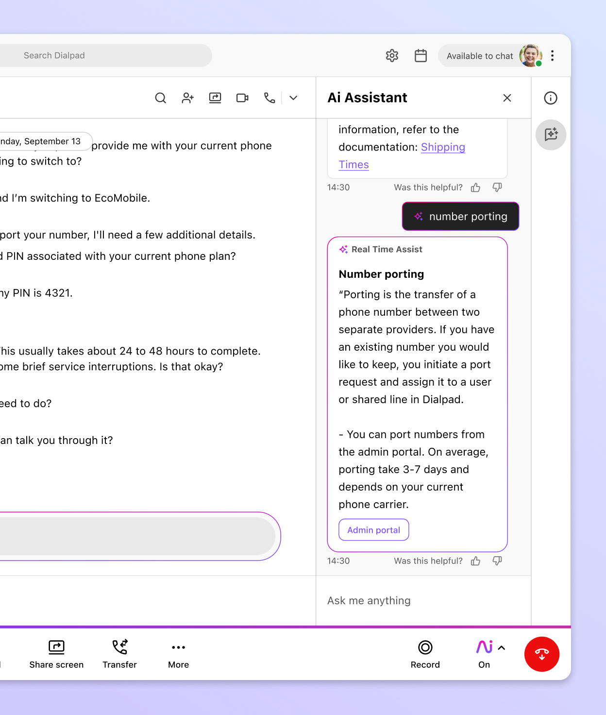 Screenshot of Dialpads real time assist card feature popping up helpful notes for an agent or rep when a tricky question comes up on a call