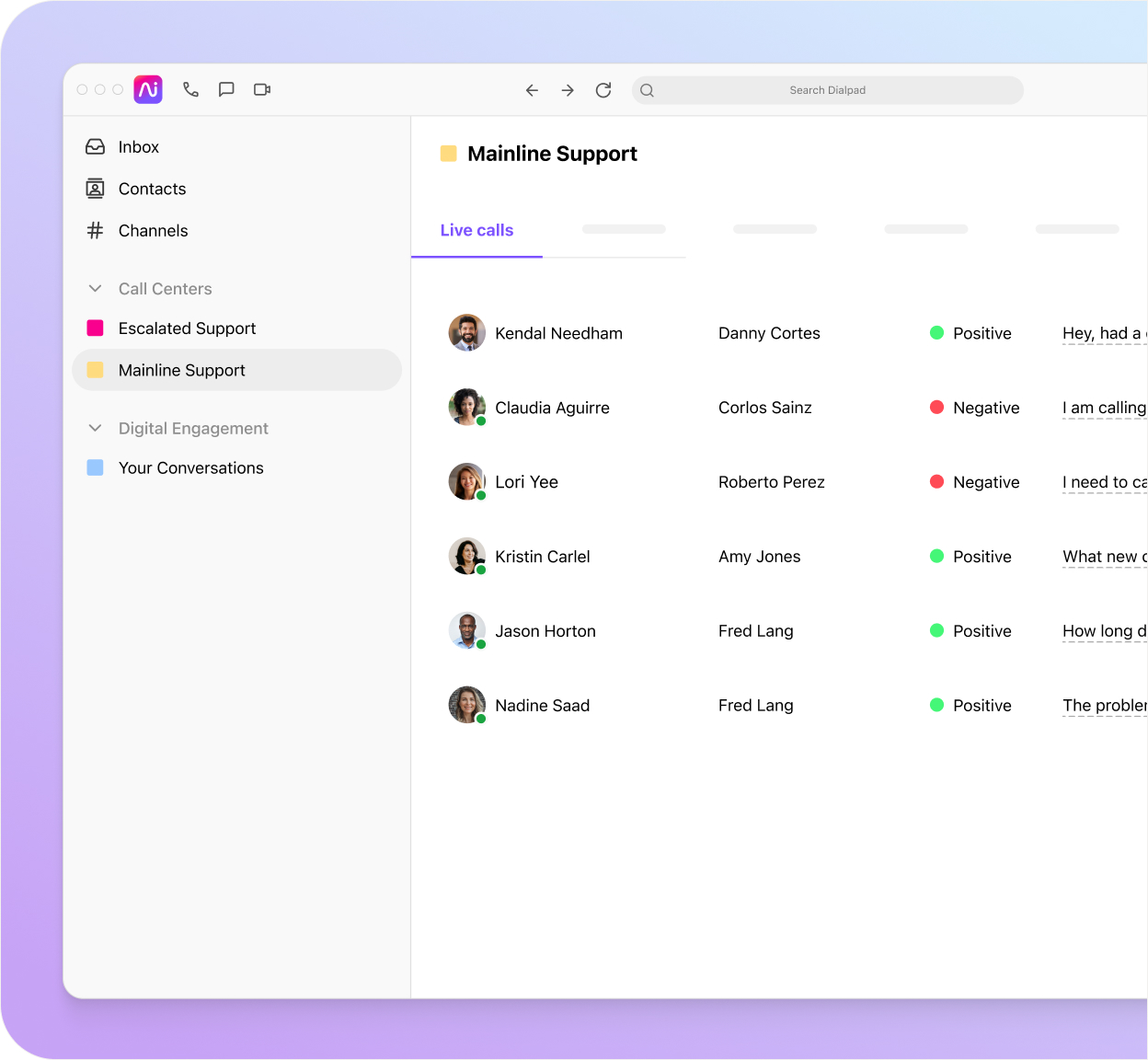 Screenshot of Dialpad Ai analyzing the sentiment of multiple calls in real time