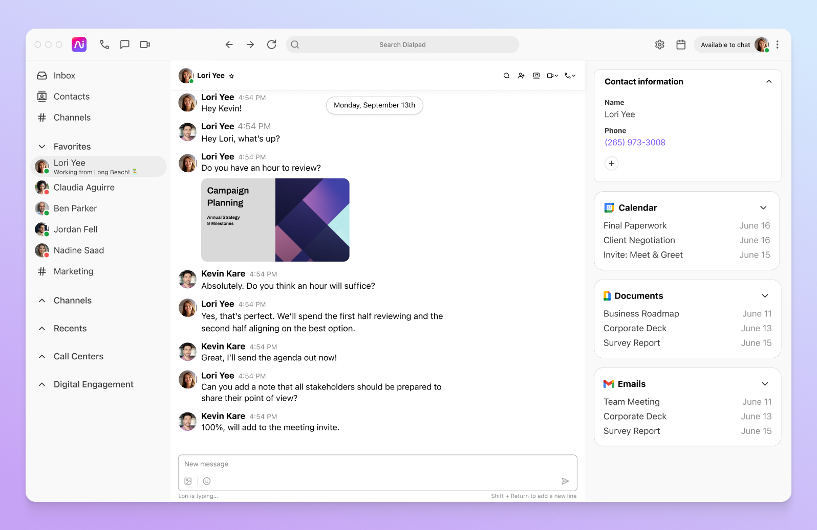 Screenshot of Dialpad's direct messaging feature