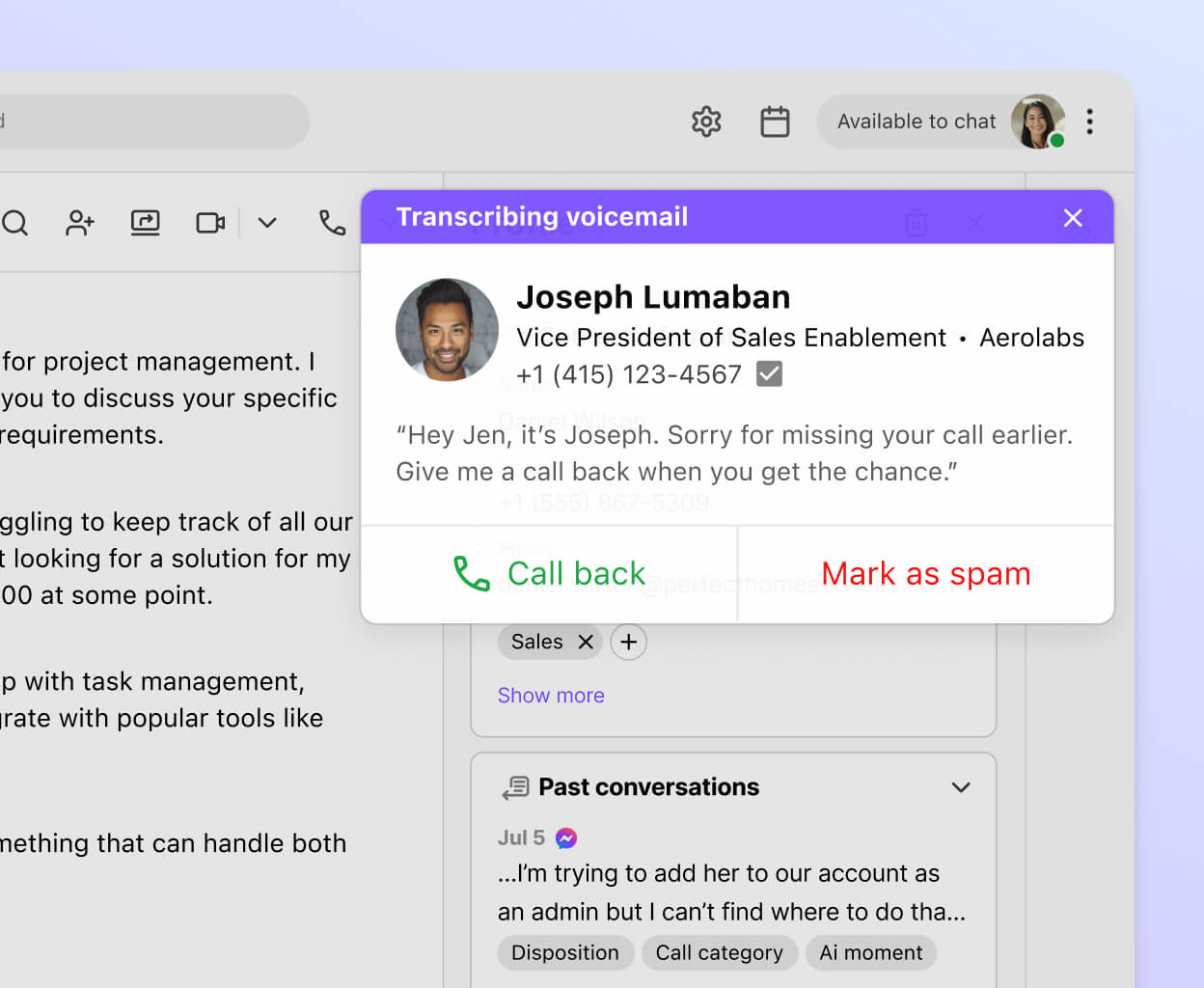 Screenshot of Dialpad's visual voicemail transcription feature