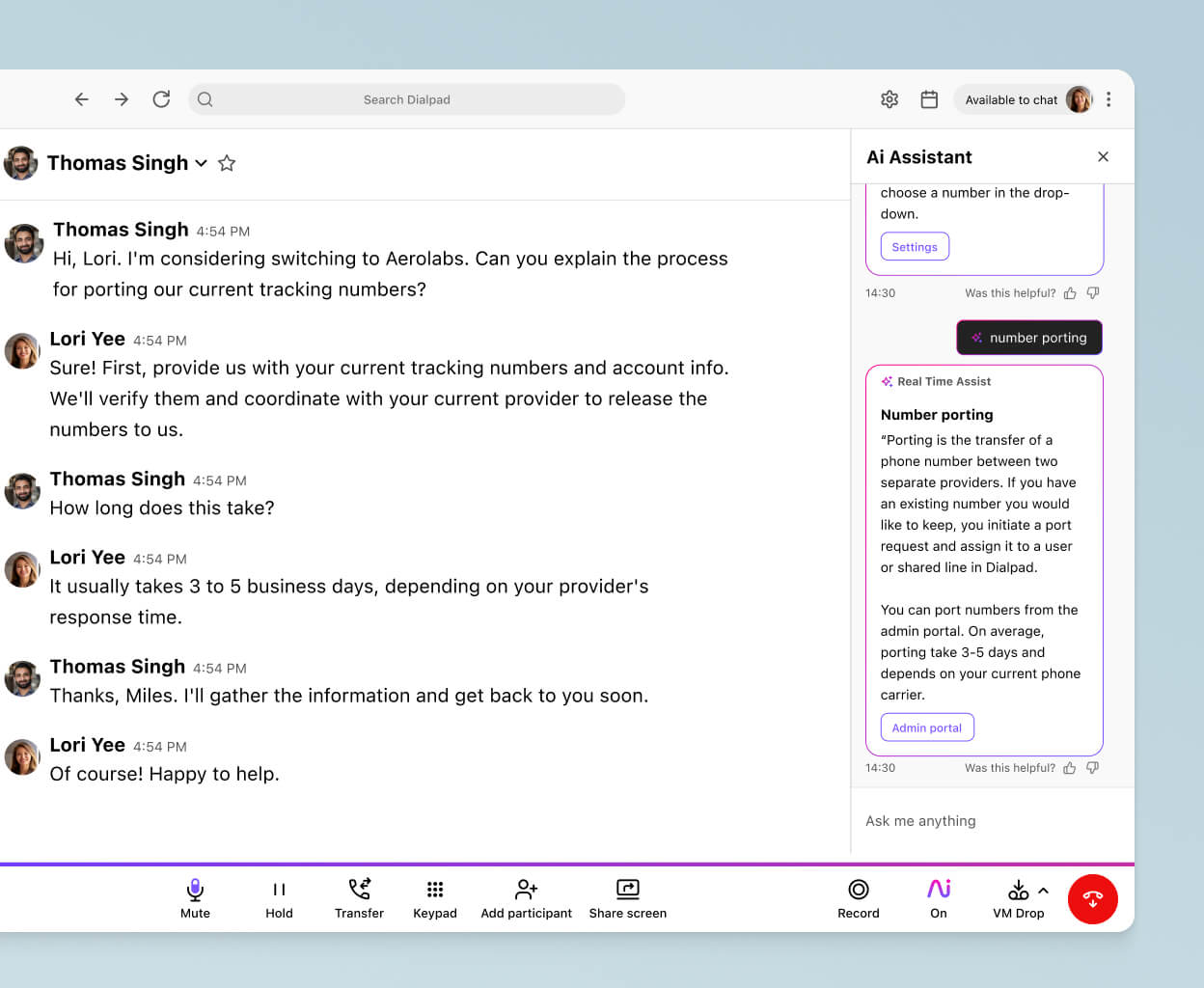 Screenshot of Dialpads real time assist card feature popping up helpful notes for an agent or rep when a tricky question comes up on a call