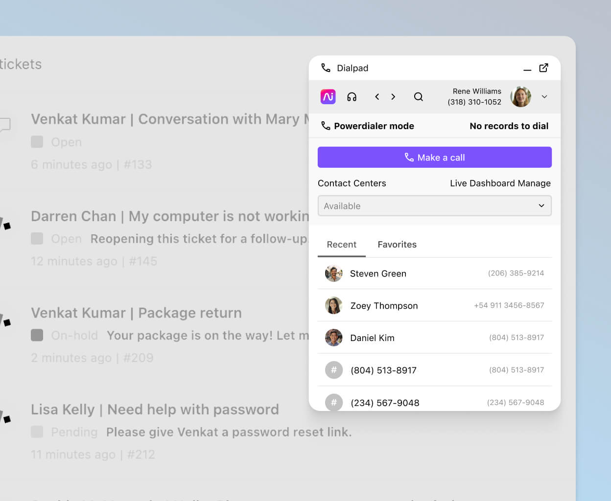 Screenshot of Dialpads integration with a third party software