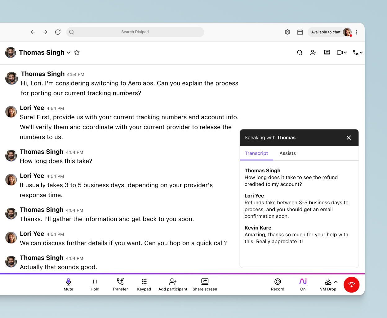 Dialpad AI transcribing a phone call in real time.
