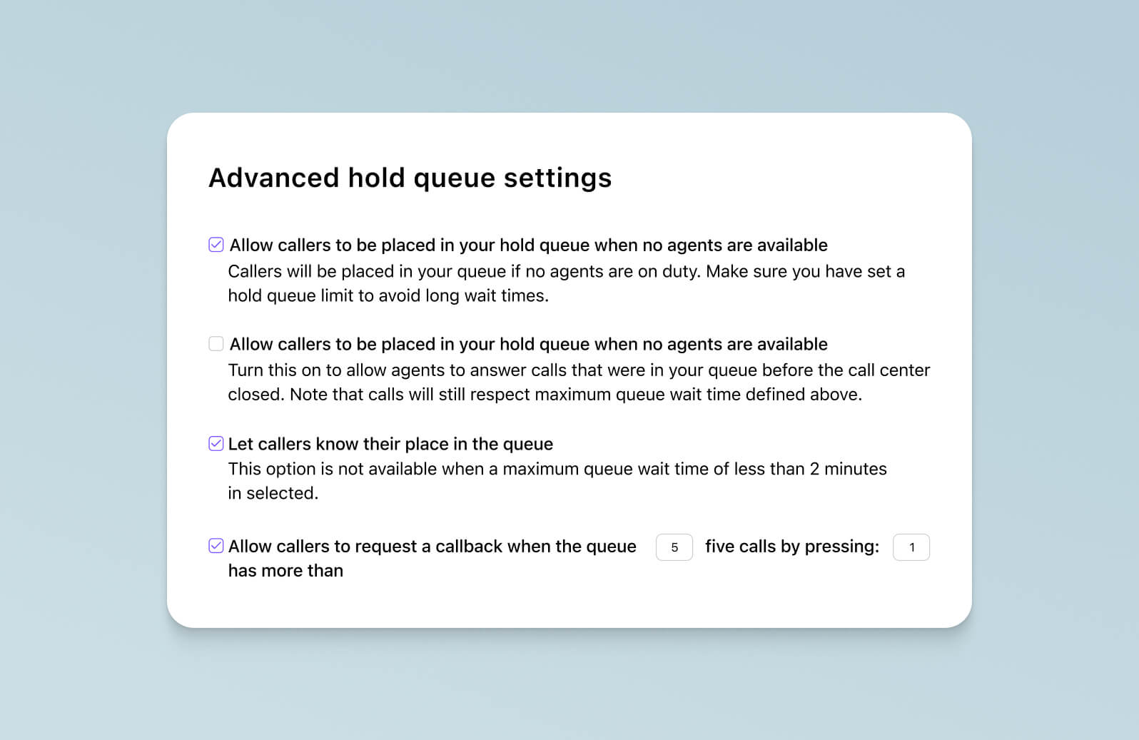 Screenshot of advanced hold queue settings in Dialpad