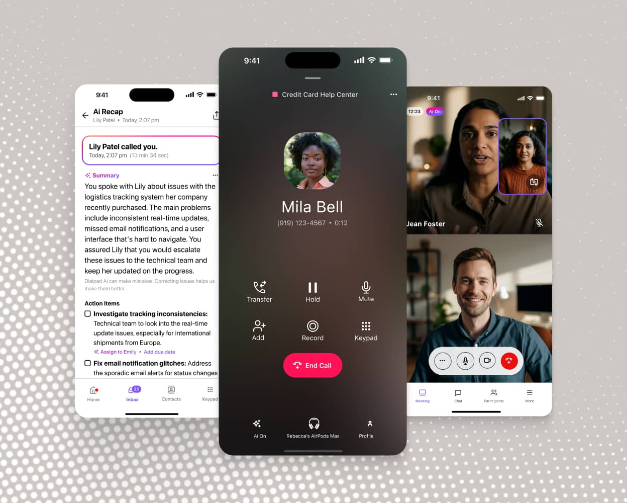 Screenshot of Dialpad's video conferencing interface displaying a video feed with two participants