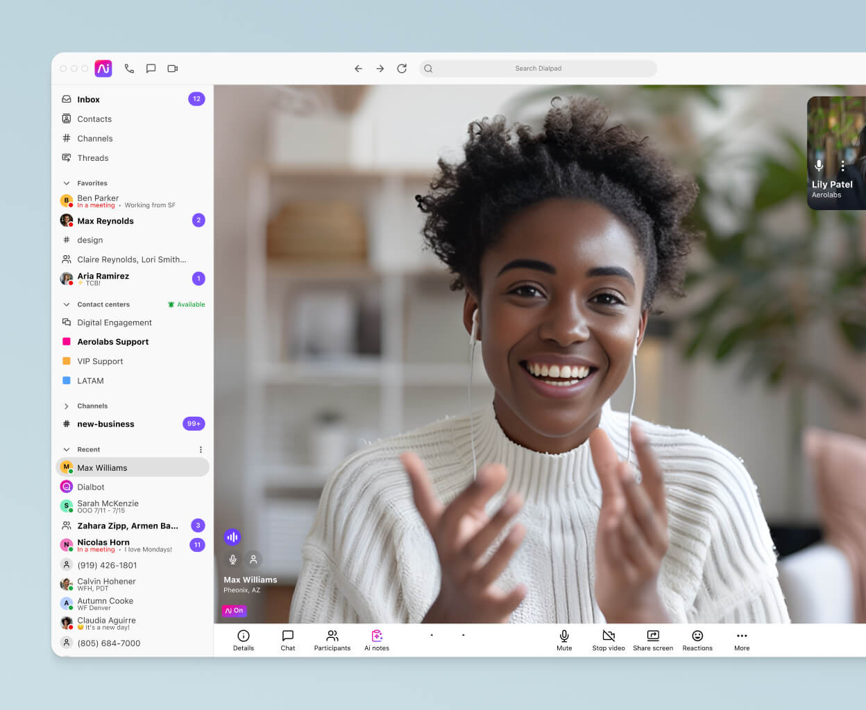 Screenshot of Dialpad's video conferencing interface displaying a video feed with two participants