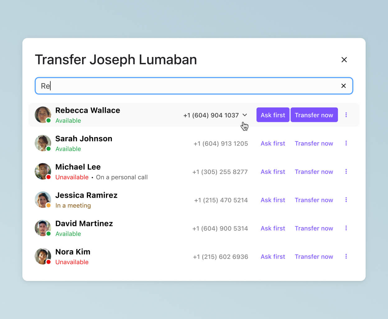 Screenshot showing the call transfer feature in Dialpad