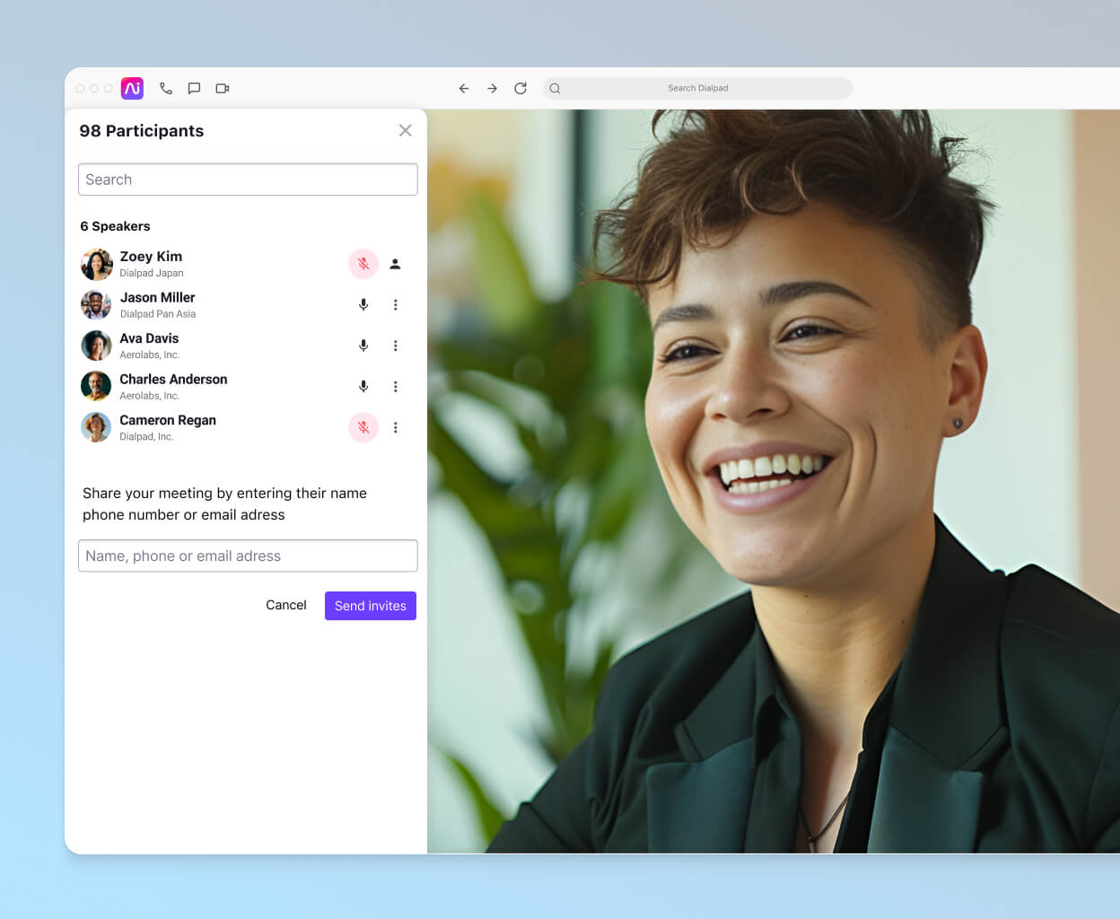 Screenshot of Dialpad AI Meetings video conferencing feature