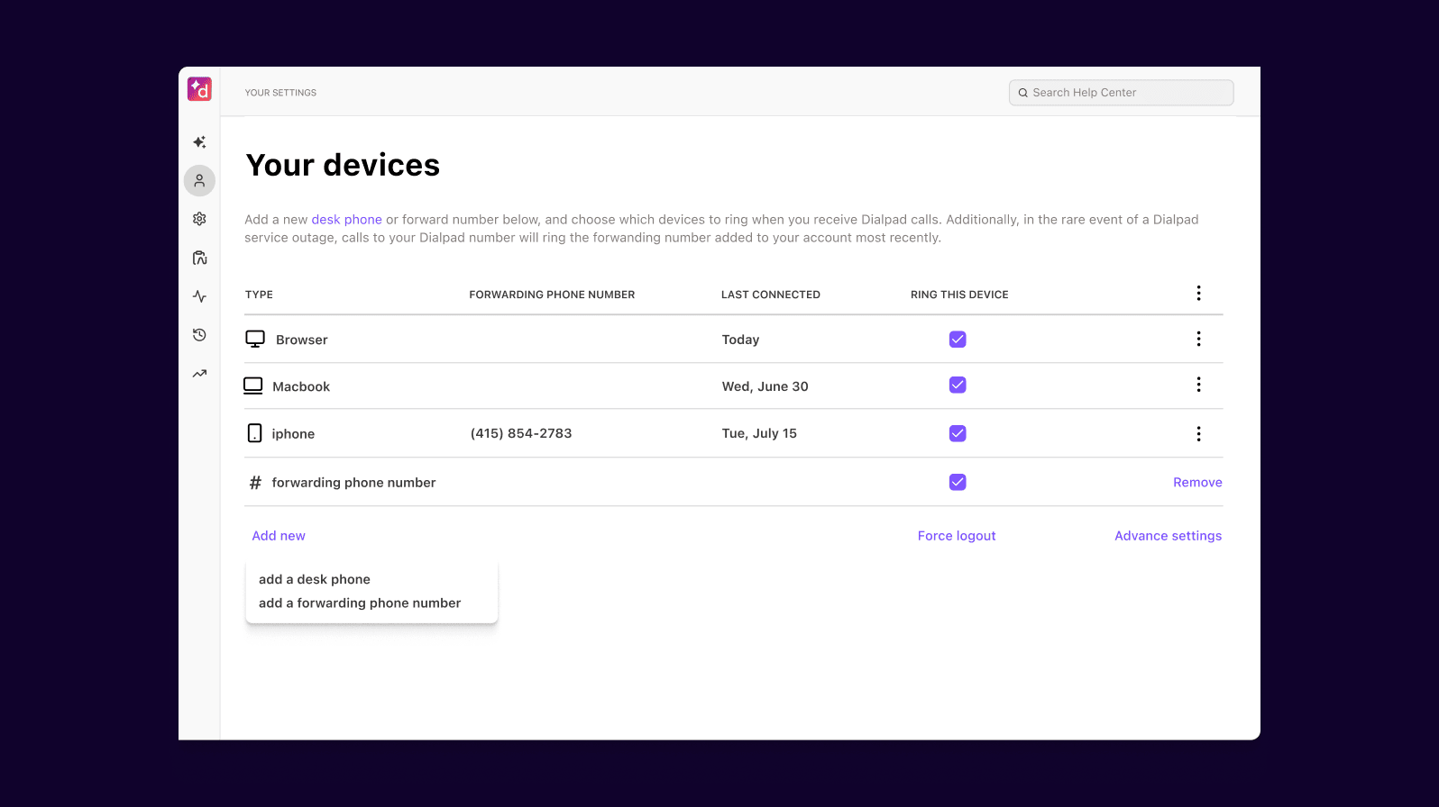 Adding a call forwarding number in Dialpad