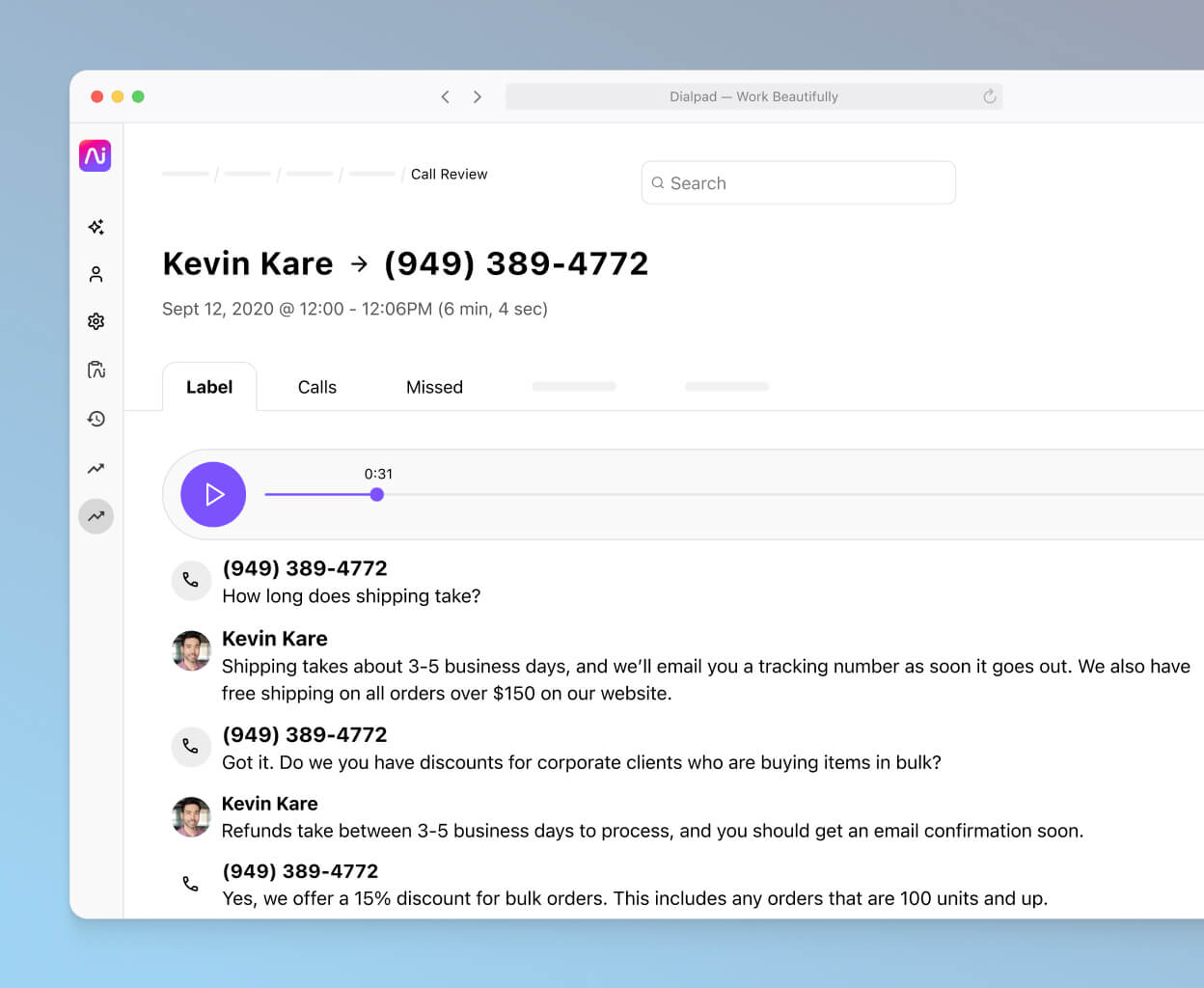Screenshot of Dialpads AI-powered post-call summary with transcript and recording