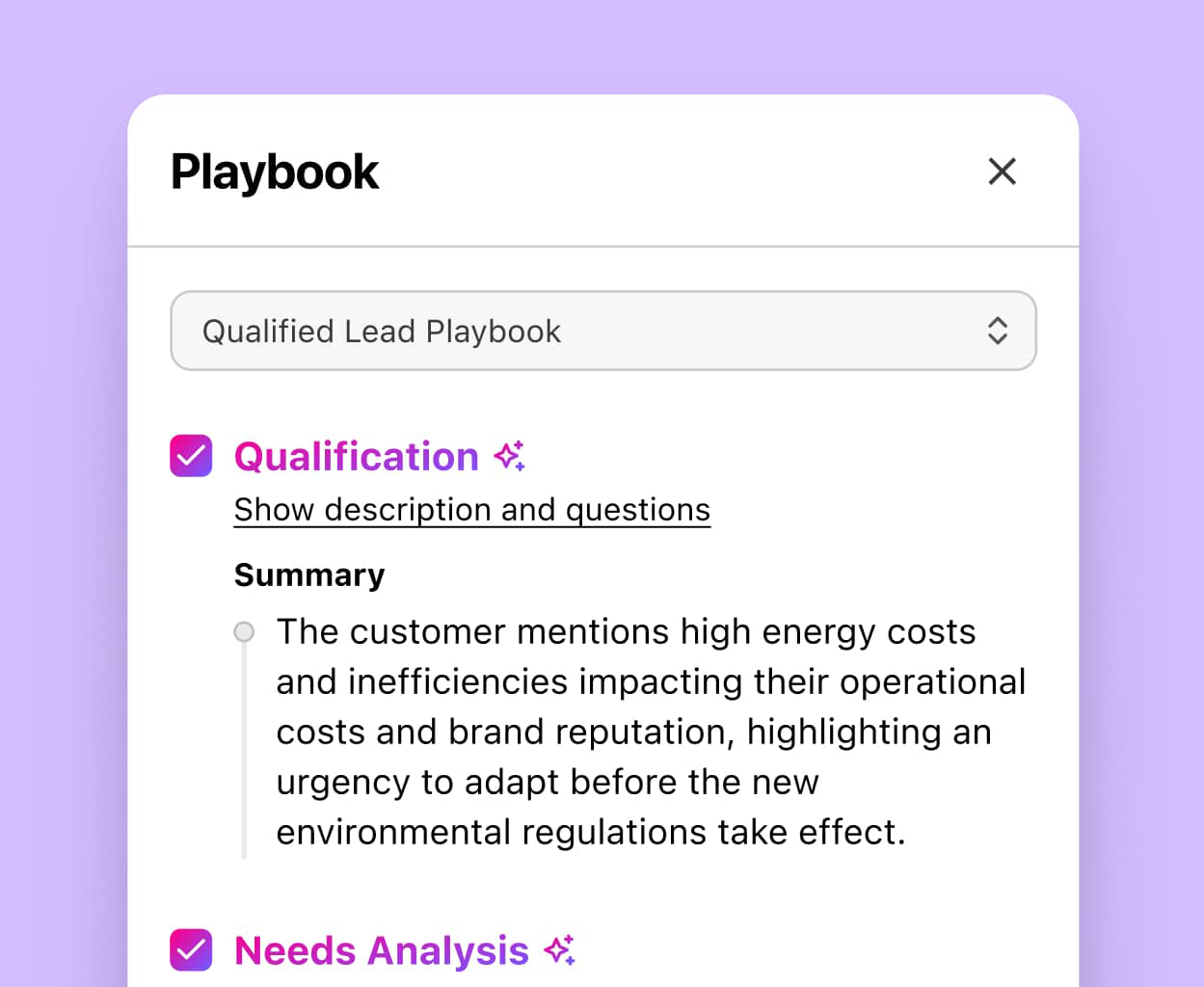 Screenshot of Dialpad Ai playbook popping up with info for a rep in real time on a sales call