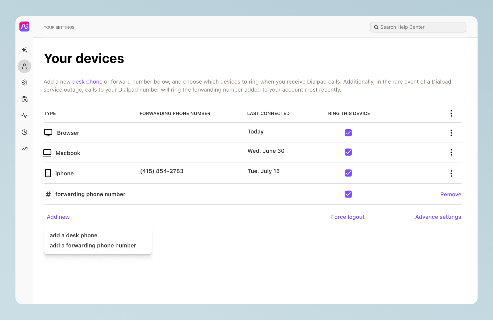 Screenshot of adding a call forwarding number from Dialpad’s online dashboard