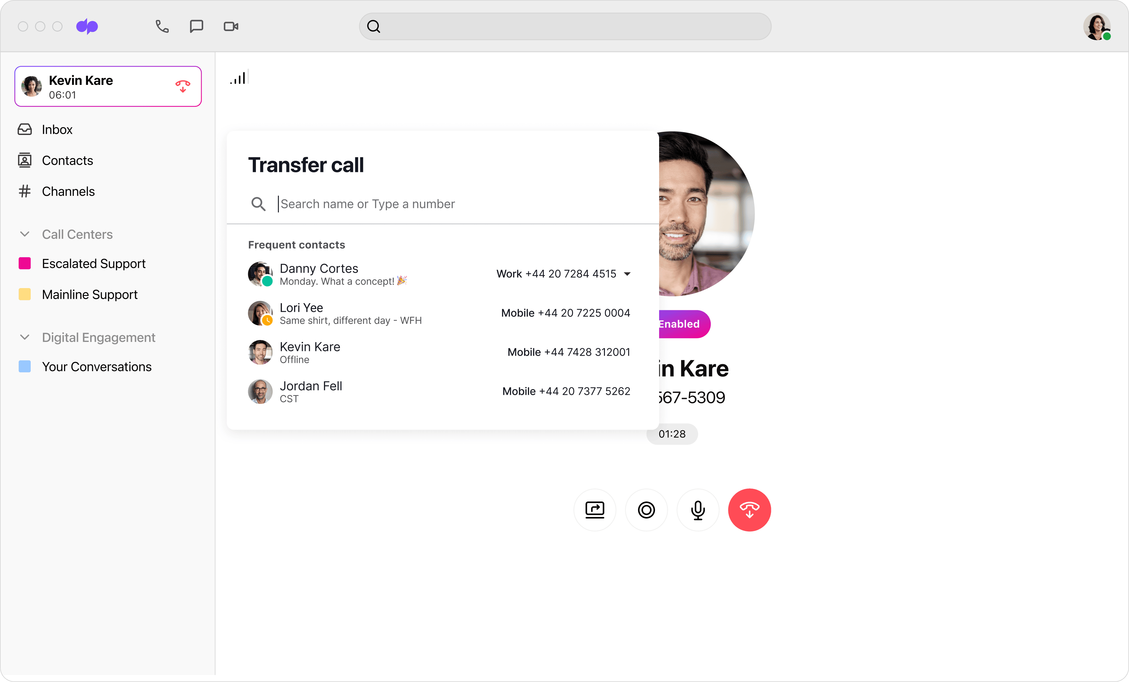 Screenshot of someone transferring a call to a colleague on Dialpad-s desktop app