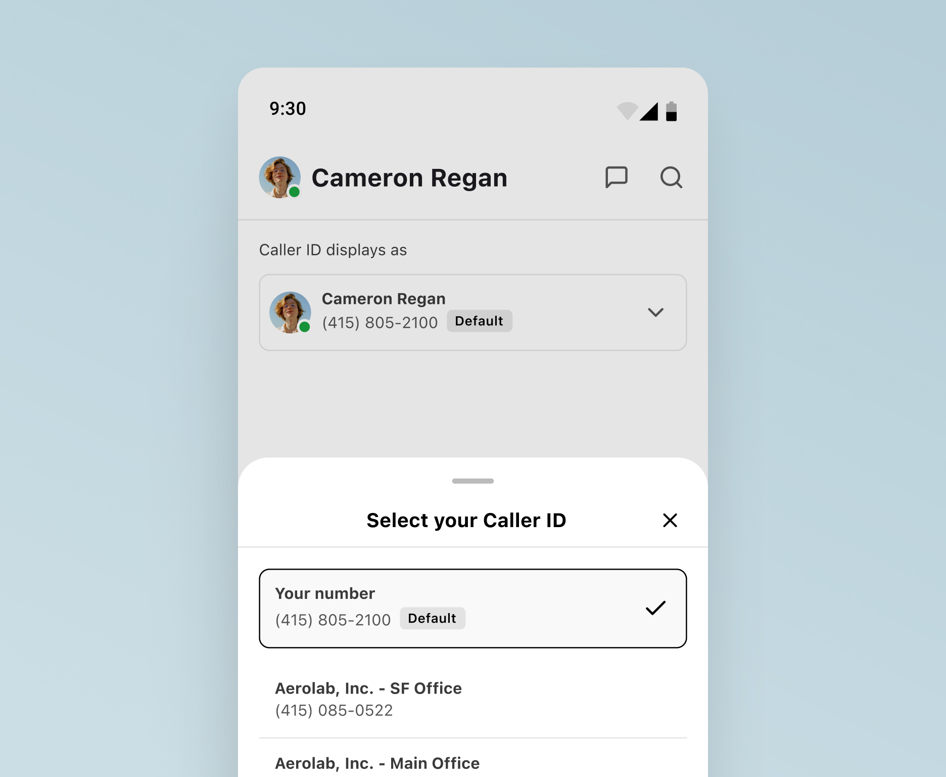 Choosing a caller ID to display when making a work call from one's personal mobile phone using Dialpad's app.
