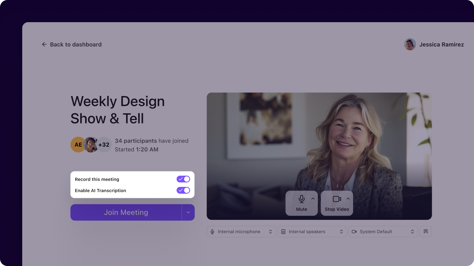 Review recording and transcription settings before joining