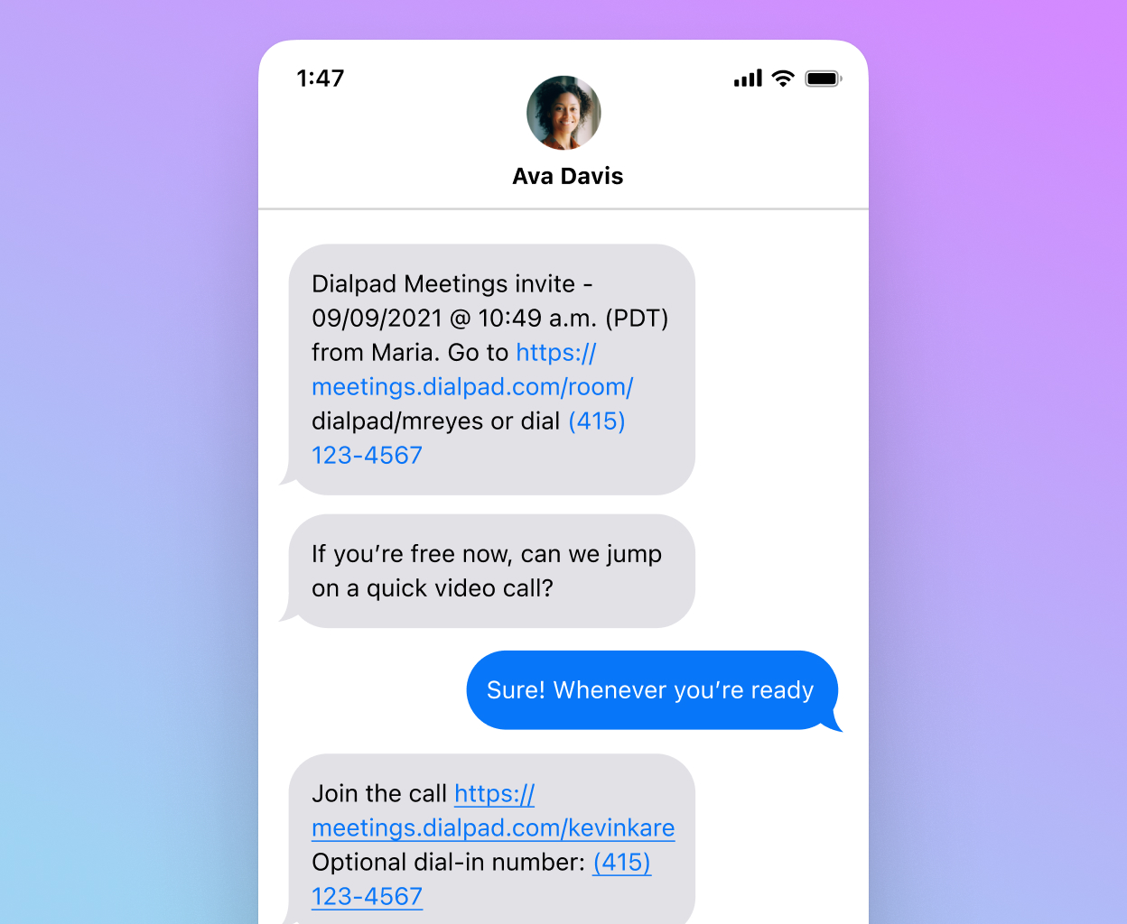 Sending a screen share invite via SMS text message using Dialpad.