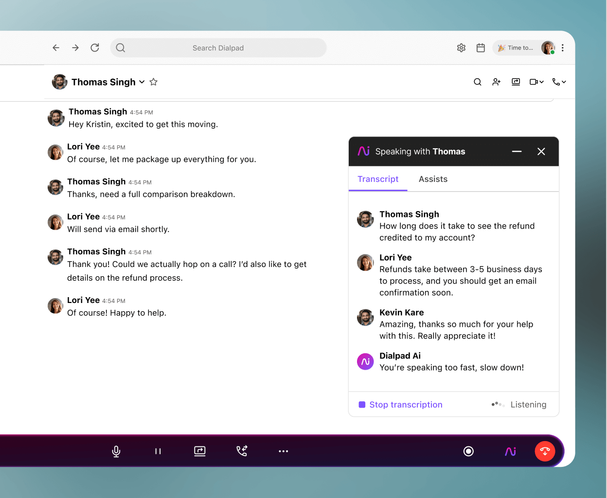 Dialpad AI transcribing a phone call in real time.