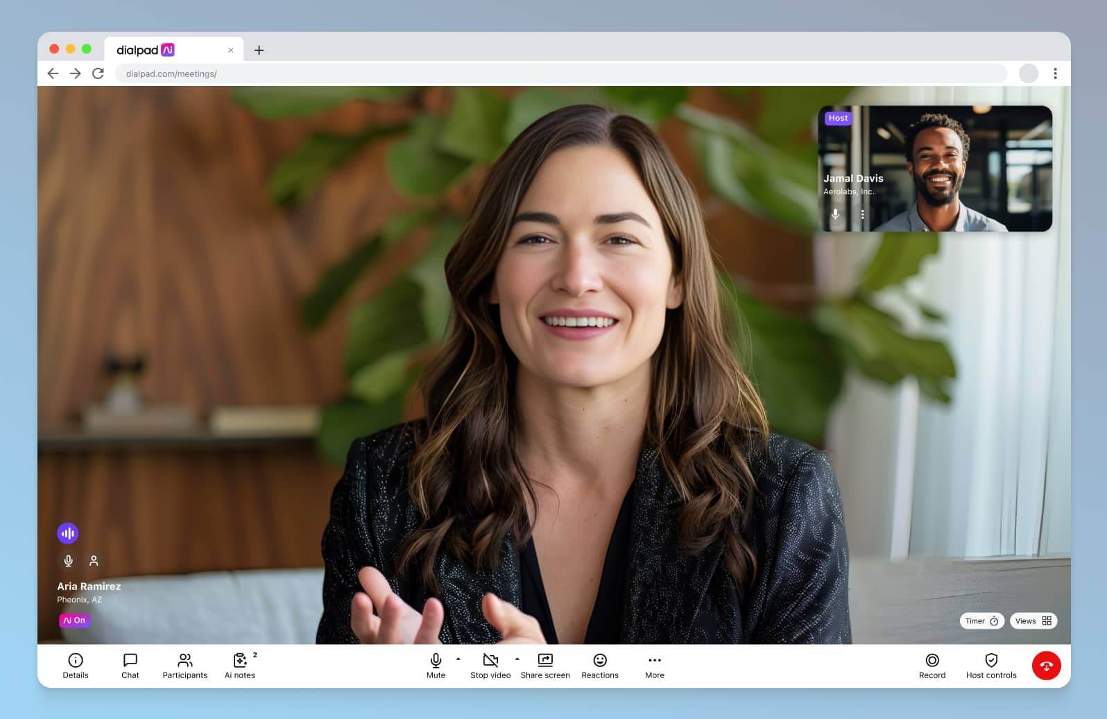 Screenshot of Dialpad's video conferencing interface displayed in a browser, showing a video feed with two participants