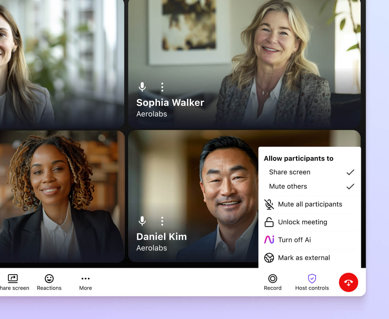 Screenshot of the call controls available in Dialpad Meetings
