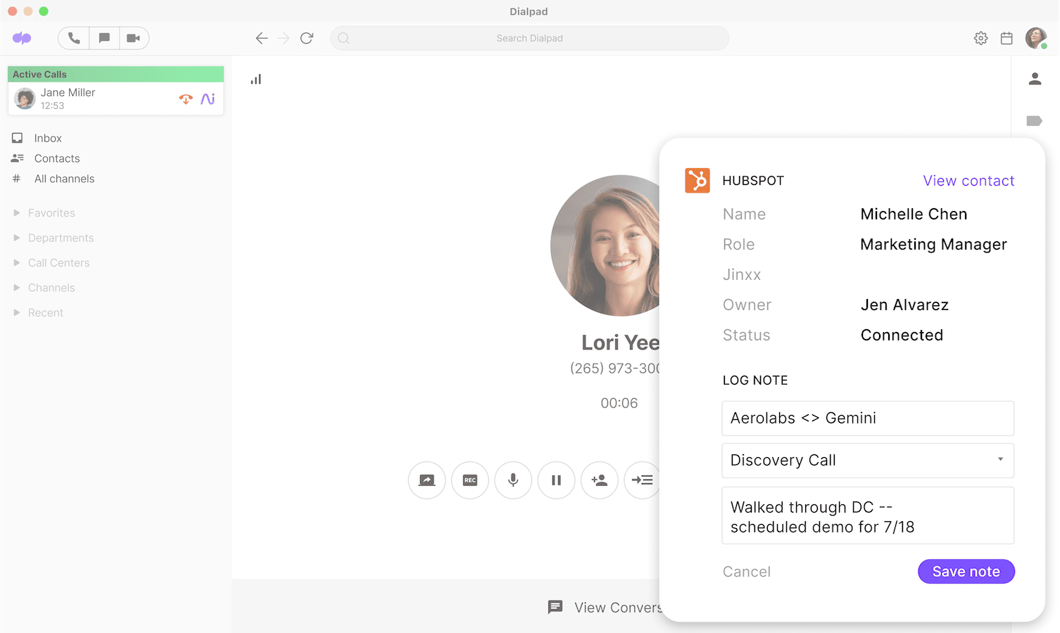Screenshot of Dialpad-s HubSpot integration populating a call-s details