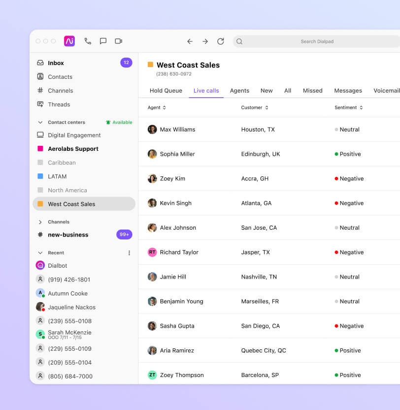 Screenshot of Dialpad Ai analyzing the sentiment of multiple calls in real time "west coast sales"