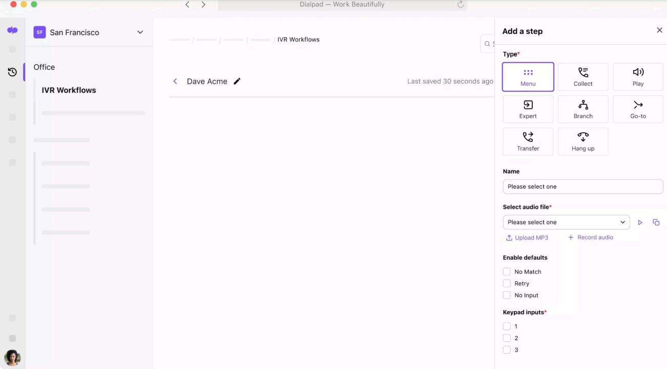 Screenshot of Dialpad's call routing options