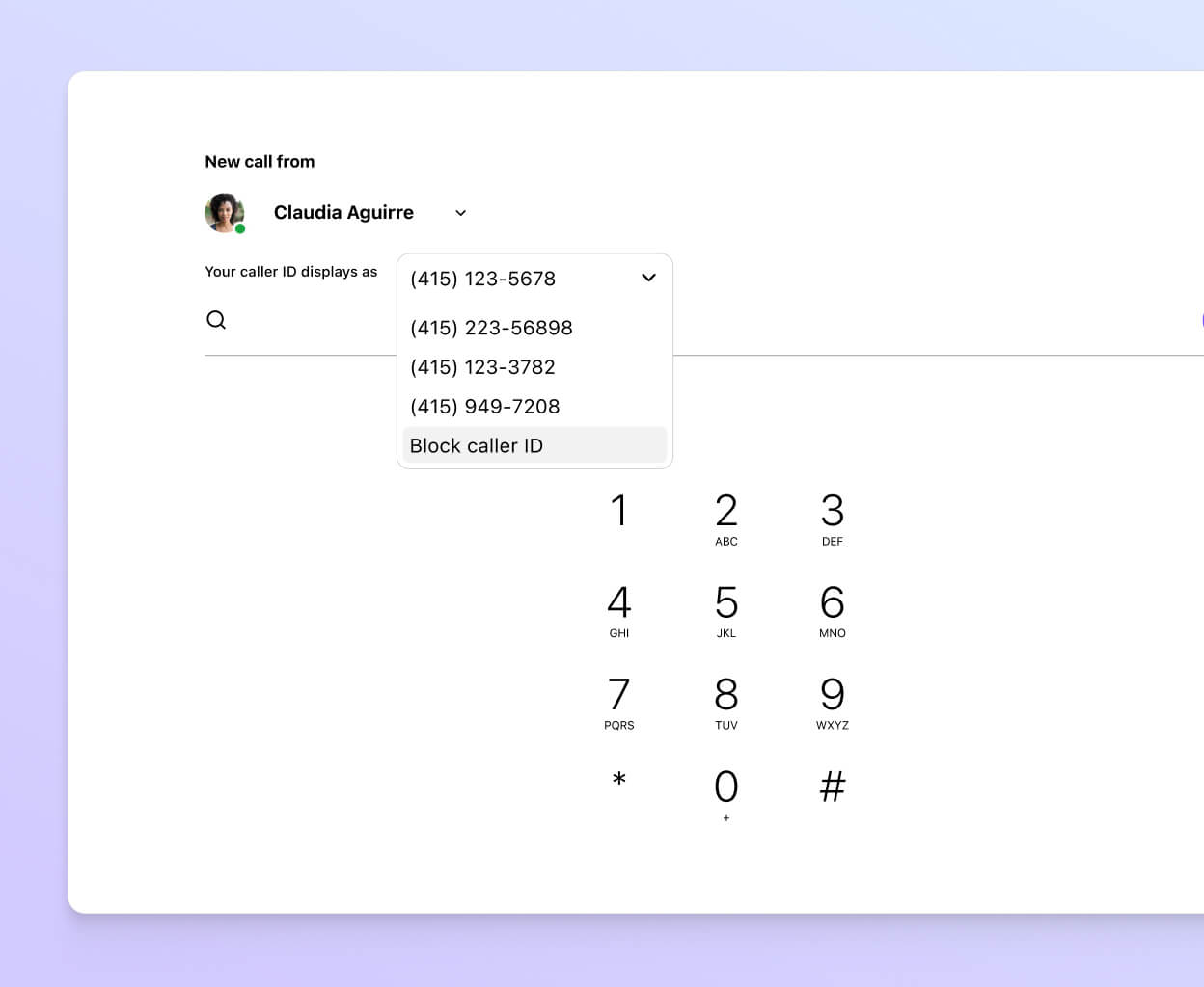 Screenshot of choosing a caller ID to display when making a work call using Dialpad's app