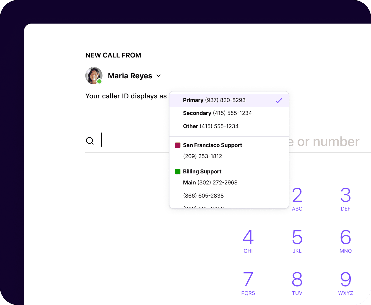Screenshot of choosing a caller ID to display when making a work call using Dialpad's app