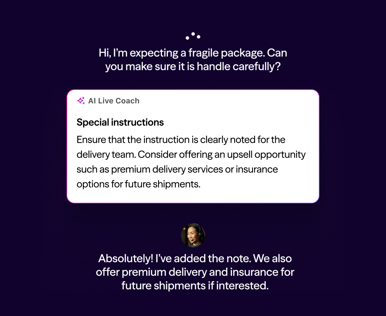 Screenshot of Dialpad's real time assist card feature popping up helpful notes for an agent or rep when a tricky question comes up on a call.