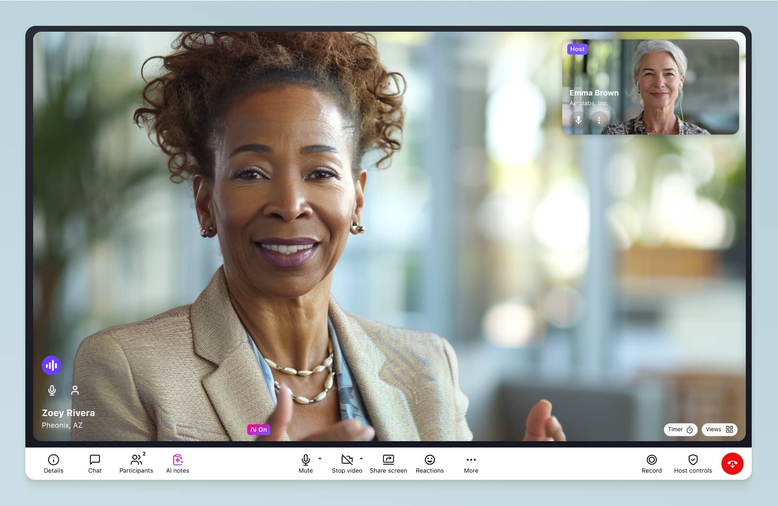 Screenshot of Dialpad's video conferencing interface displaying a video feed with two participants