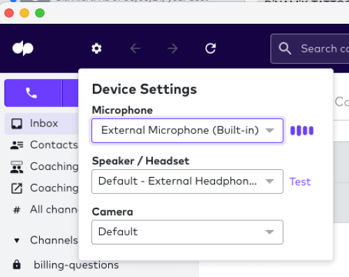 Screenshot of adjust microphone settings on Dialpad