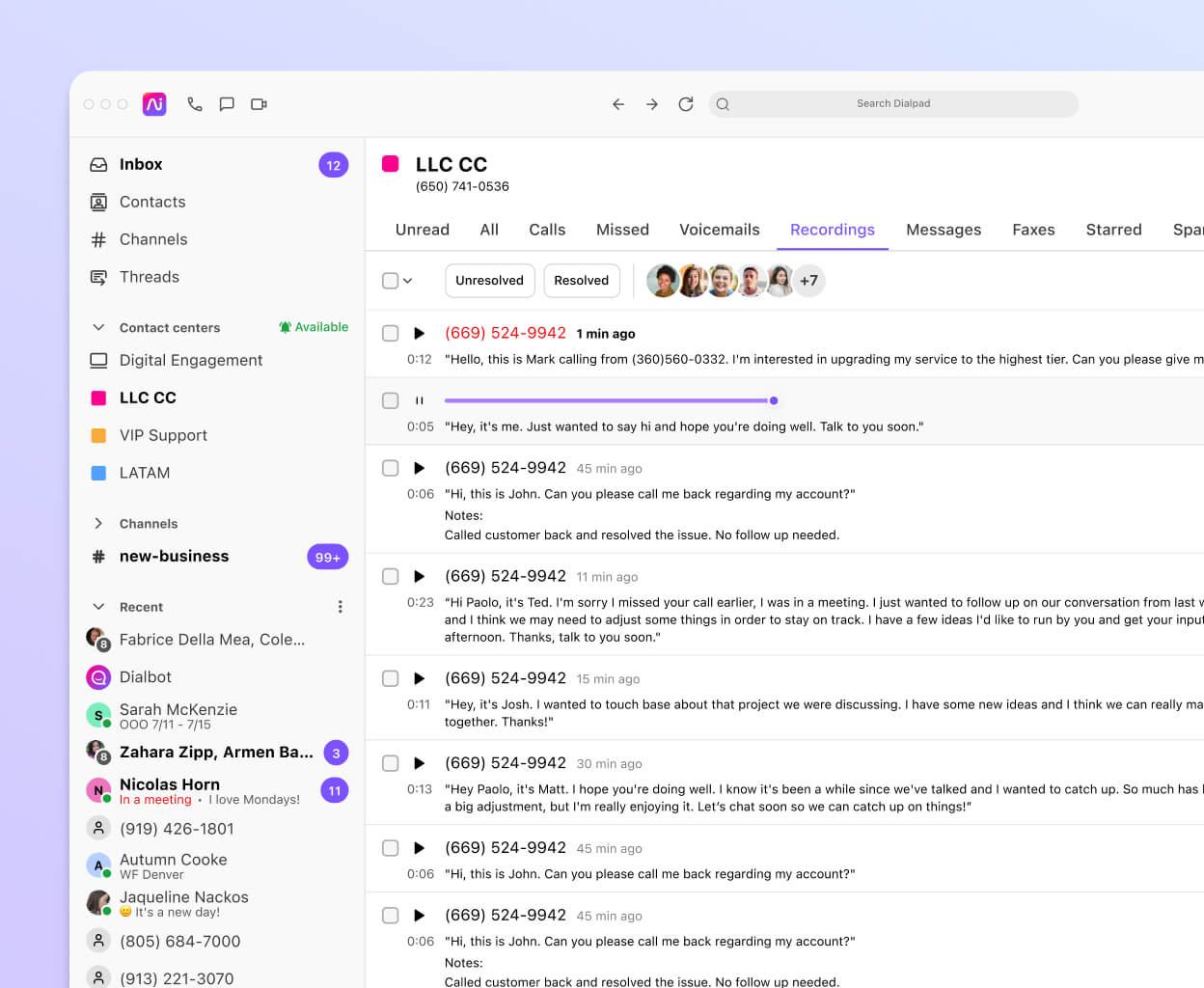 Screenshot of a list of recorded calls in Dialpad-s app, showing caller IDs, times, and durations