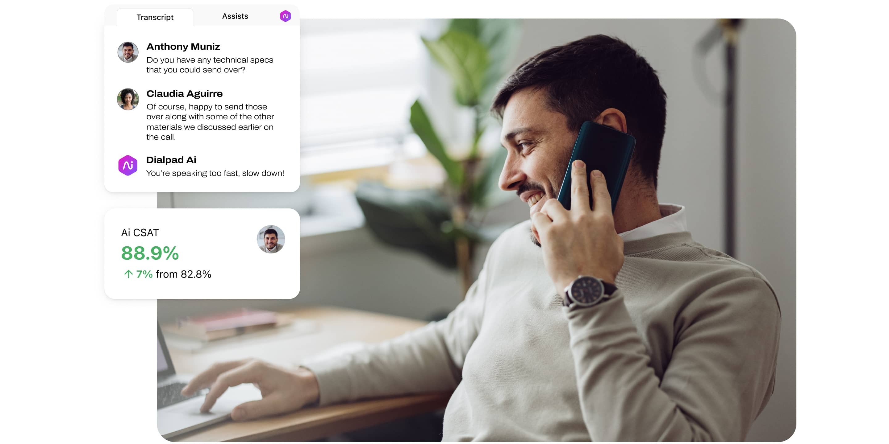 Dialpad ai powered user interface with live transciption agent assist and csat
