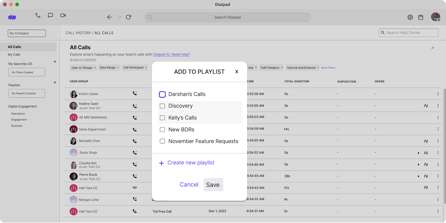 Screenshot of dialpad-s coaching playlist feature