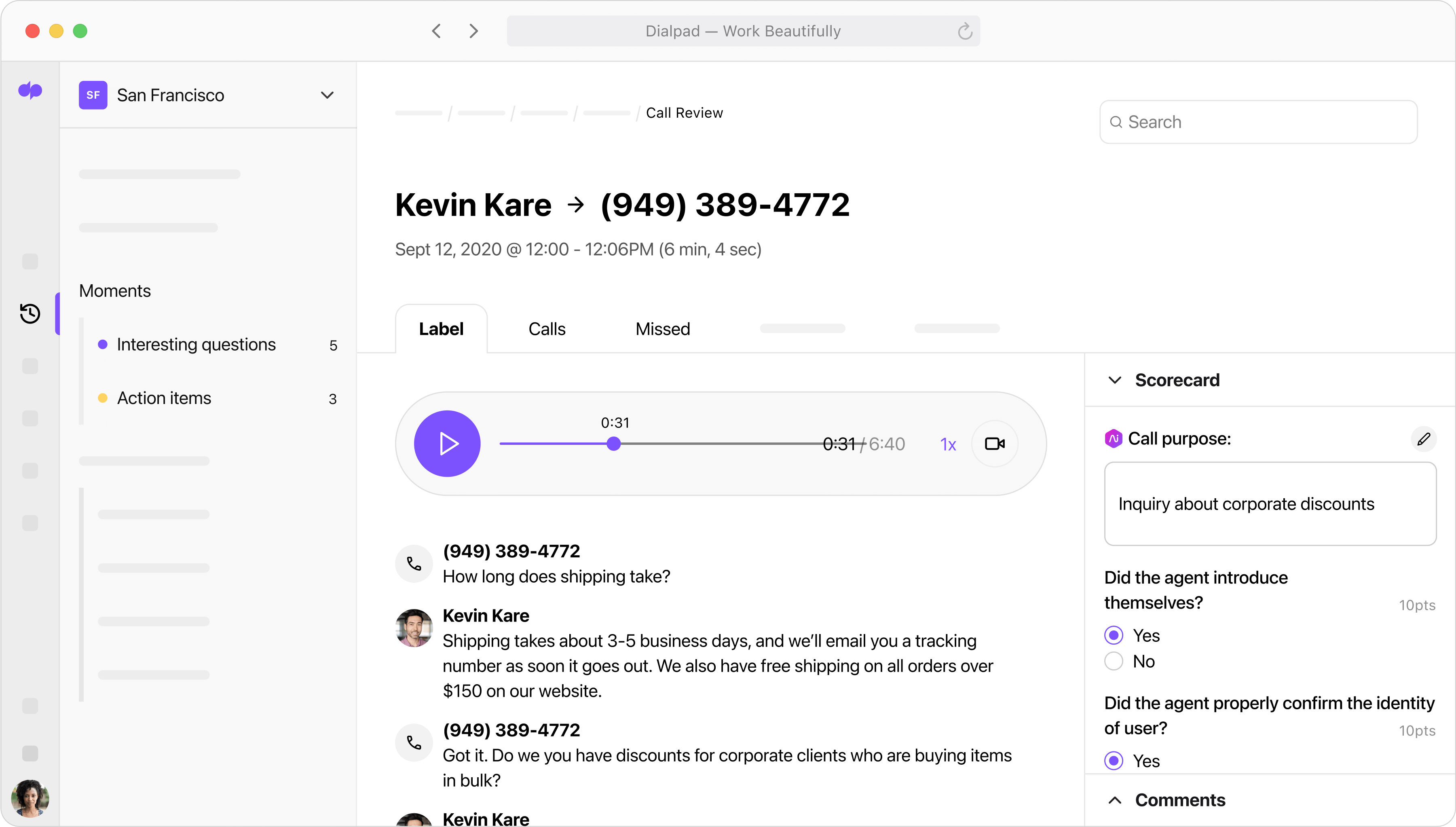 Screenshot of Dialpad's QA scorecards feature