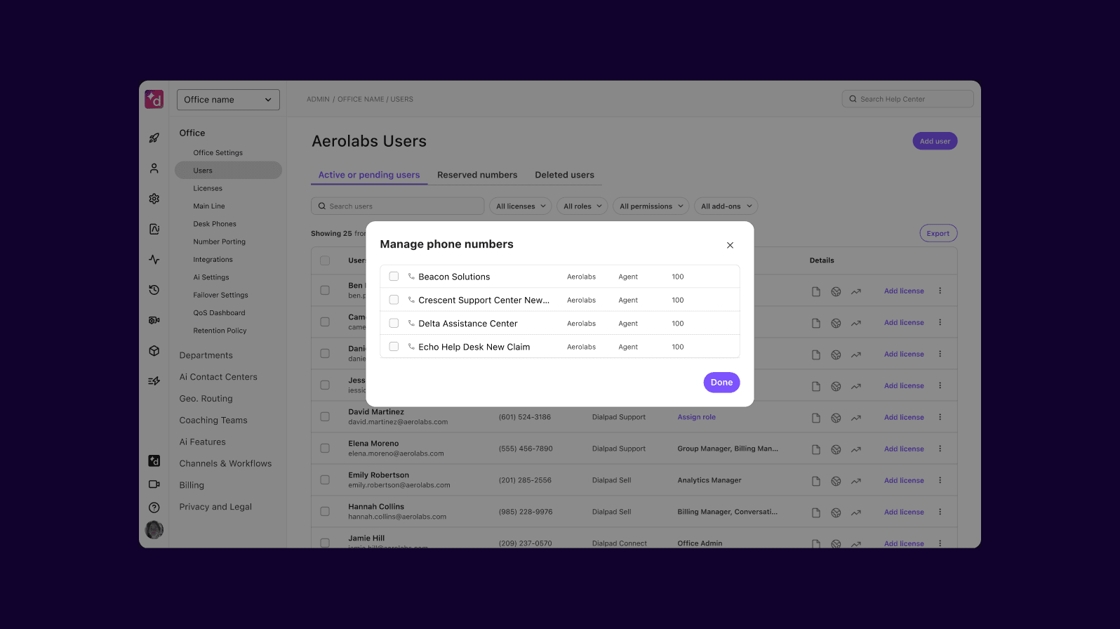 Screenshot of adding and managing phone numbers from Dialpad's online dashboard