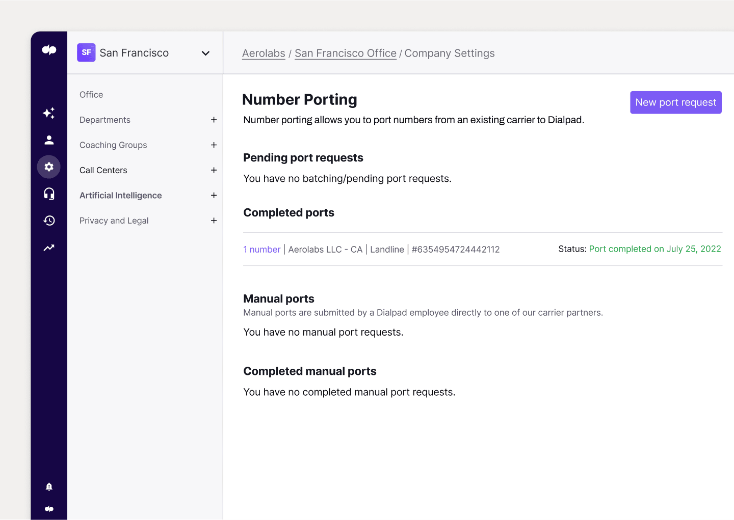 Screenshot of porting a phone number from Dialpad's online dashboard