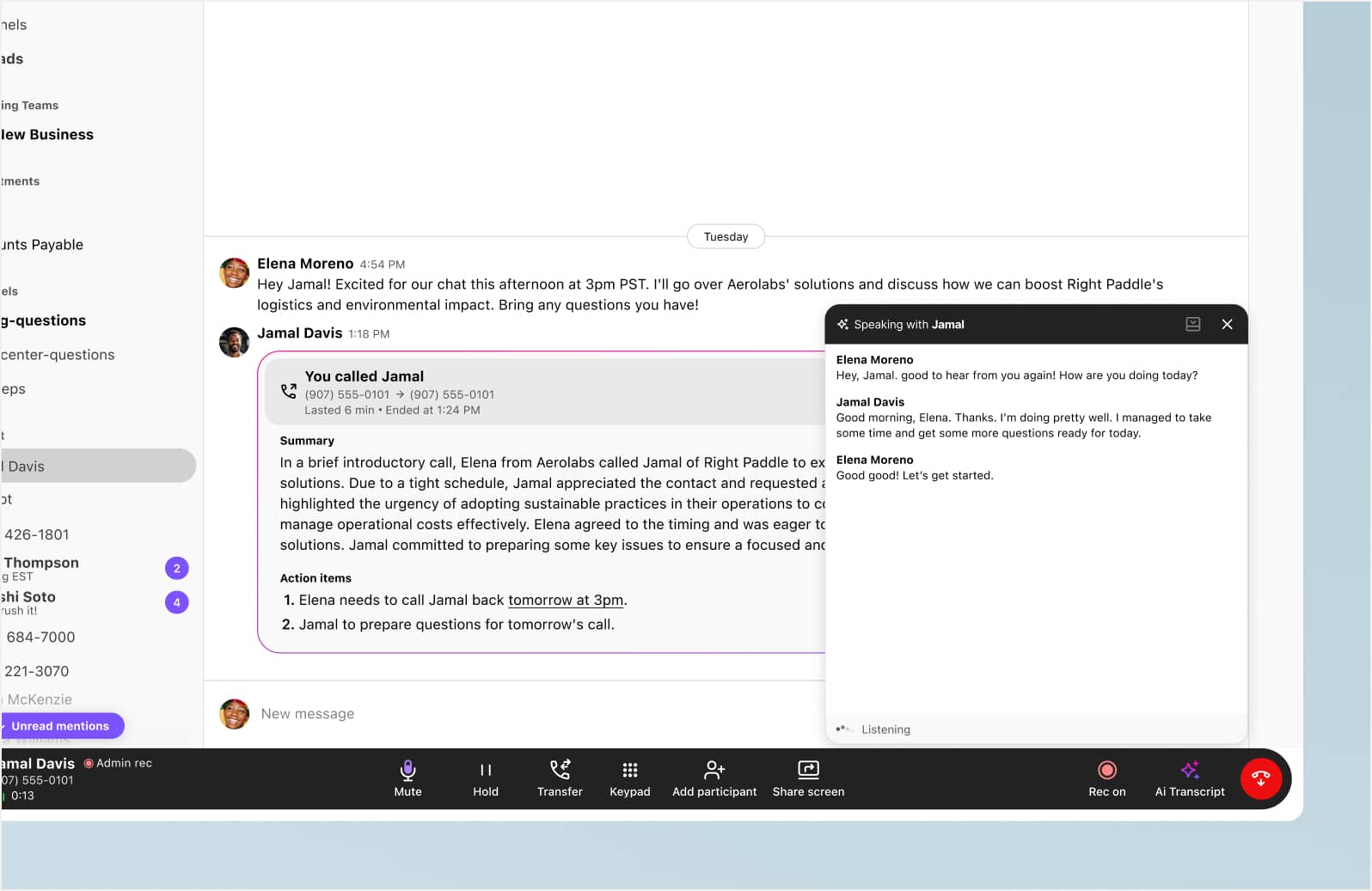 Screenshot of Dialpad Ai transcribing a phone call in real time